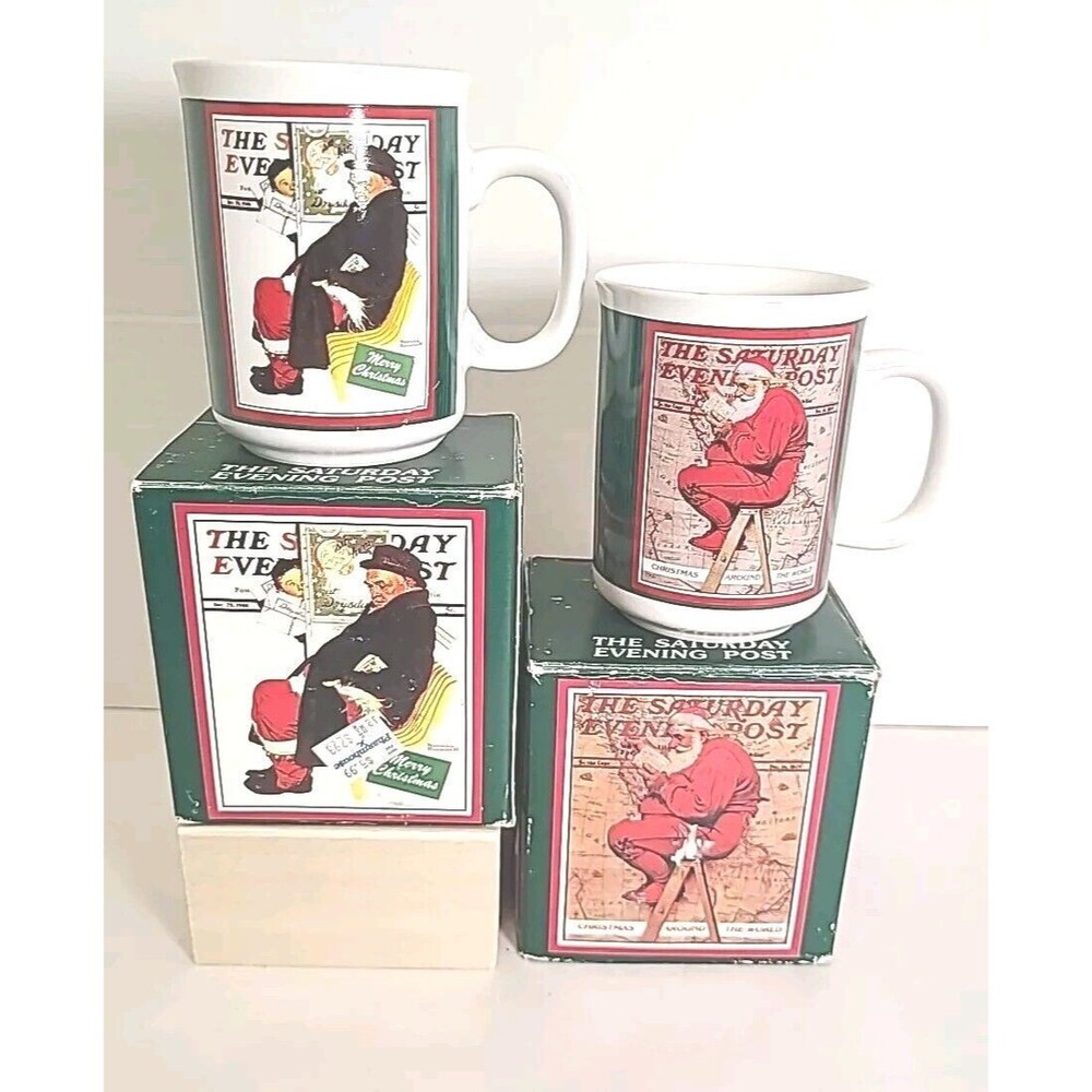2 VTG Norman Rockwell Saturday Evening Post Merry Christmas Mug Ceramic W/ BOX